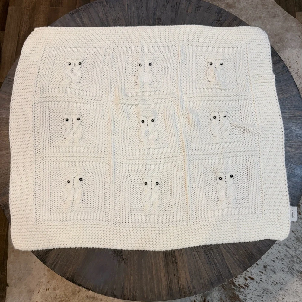 Home by Turkish T‎ Soft Knit Owl Pattern Throw Blanket Cream 29x33